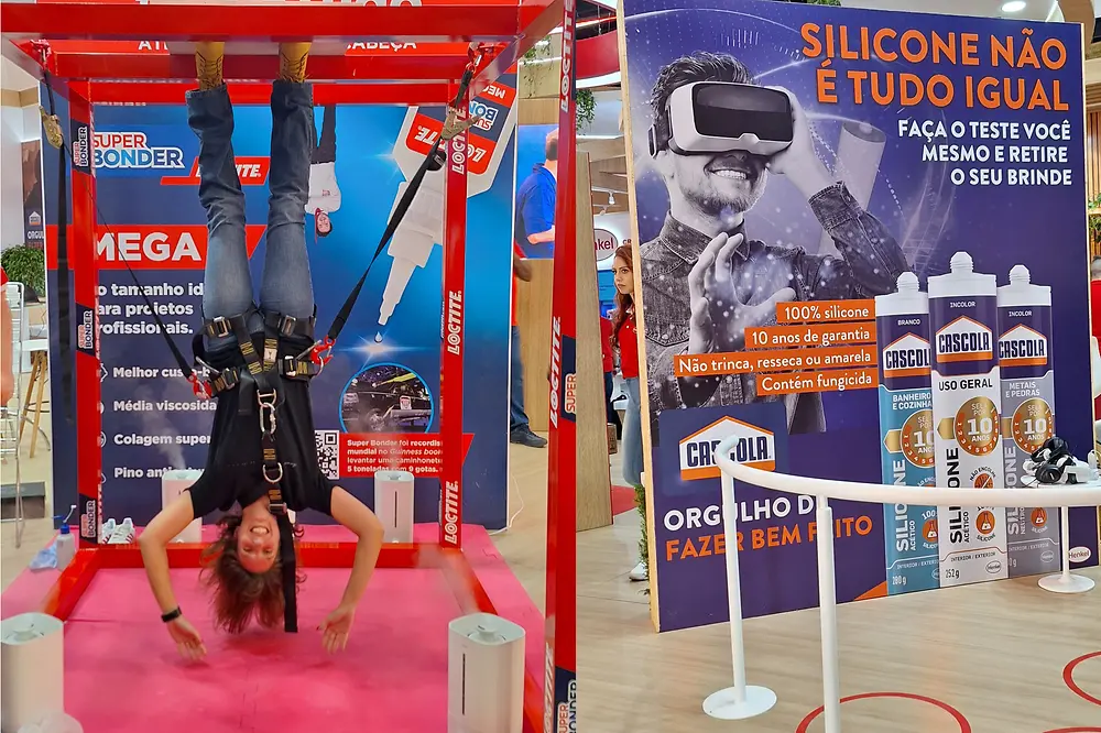 Henkel na Feicon com ação de Super Bonder que colou uma pessoa no teto e ação de Cascola com óculos de realidade virtual