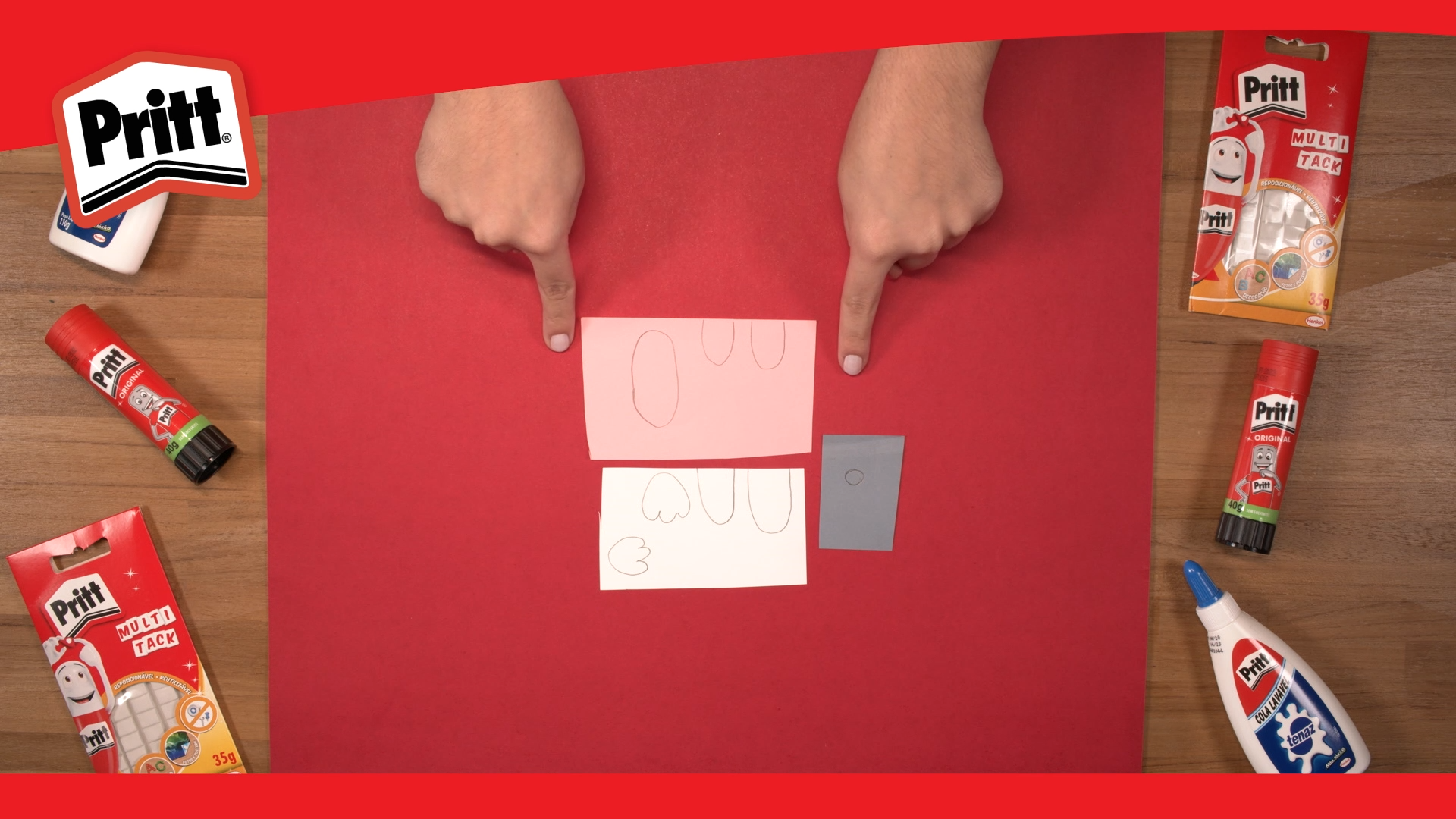 Passo 2: folhas coloridas, lápis e contornos do Coelho. Fundo vermelho com produtos de Pritt ao redor