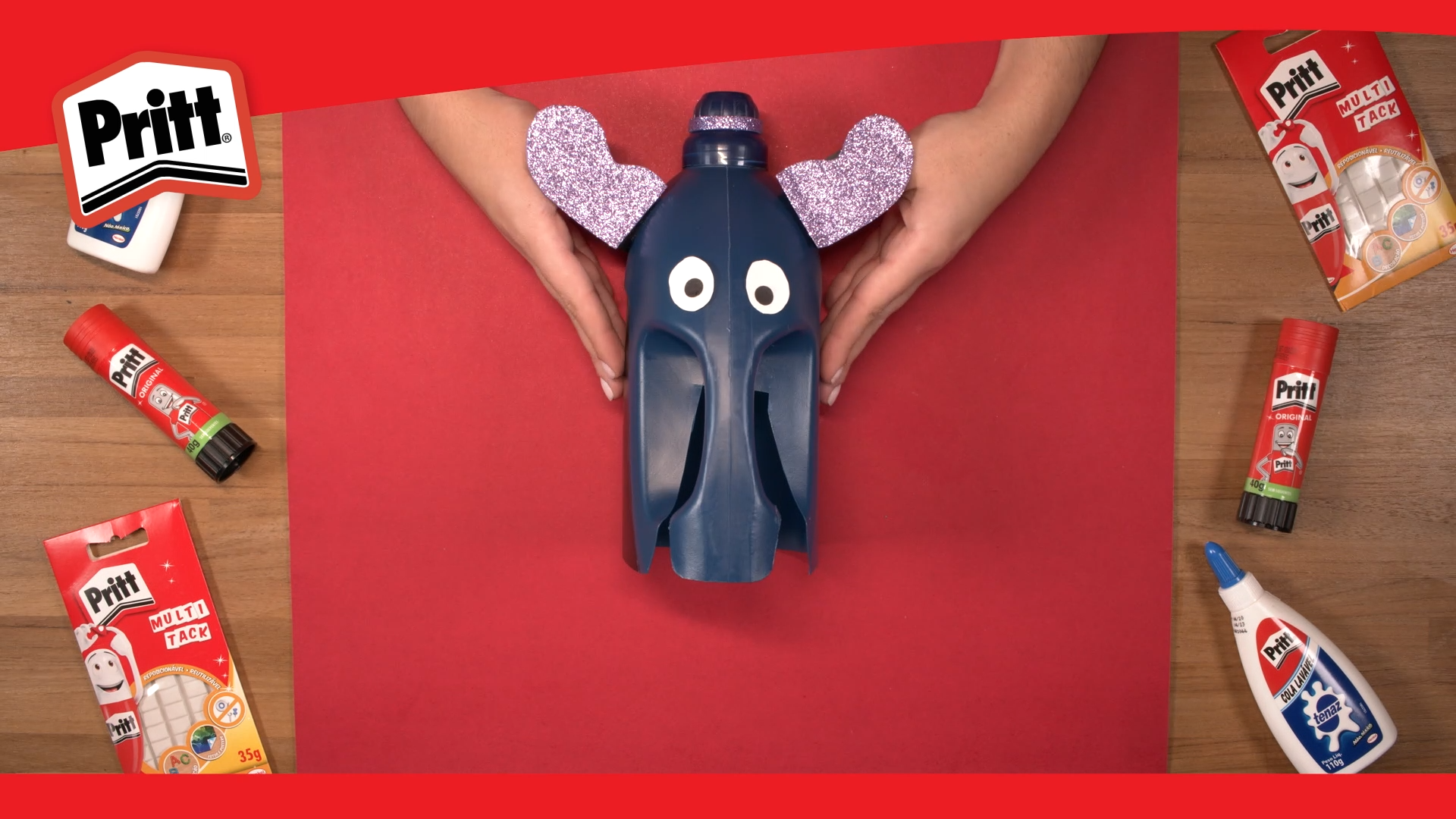 Elefante 1 – Projeto elefante finalizado, fundo vermelho com produto Pritt ao redor