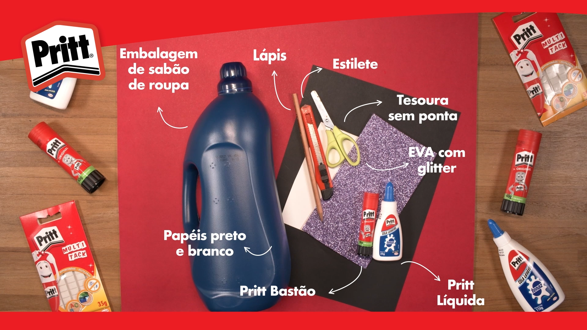 Elefante 2 – Materiais para fazer o projeto do elefante, fundo vermelho com produto Pritt ao redor