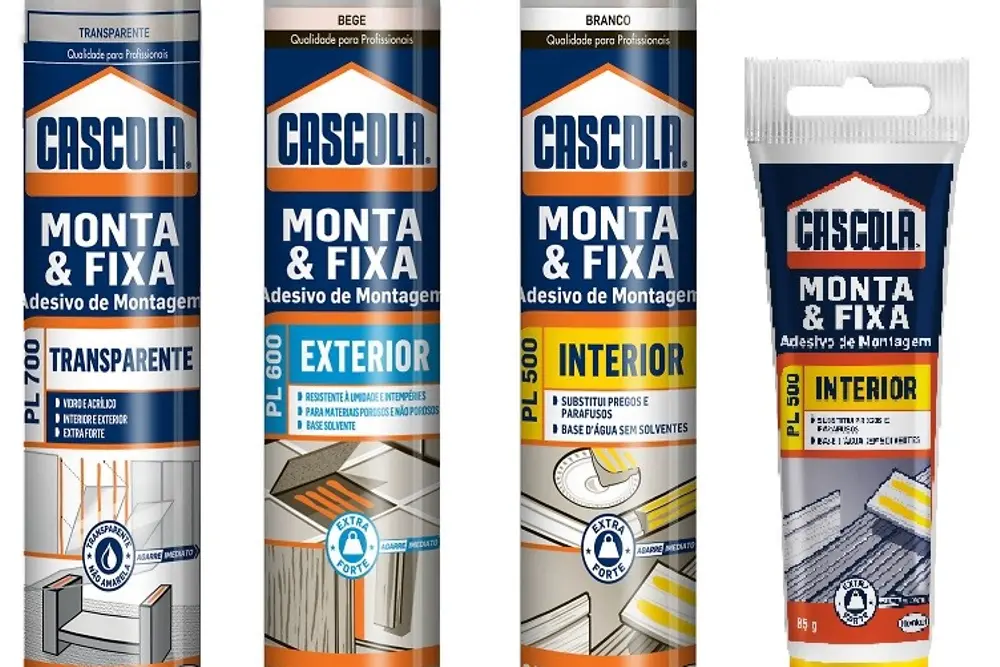 Linha Cascola Monta & Fixa: PL 700 Transparente, PL 600 Interno e Externo e PL 500 Interno (incluindo versão em bisnaga)