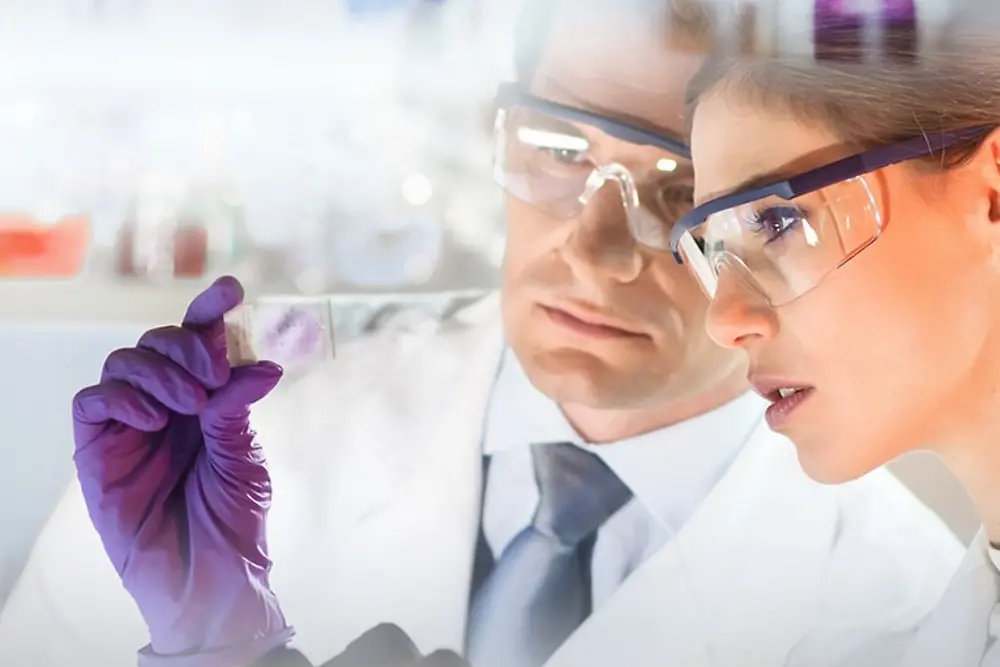 Rostos de uma mulher e um homem olhando para uma amostra em um laboratório