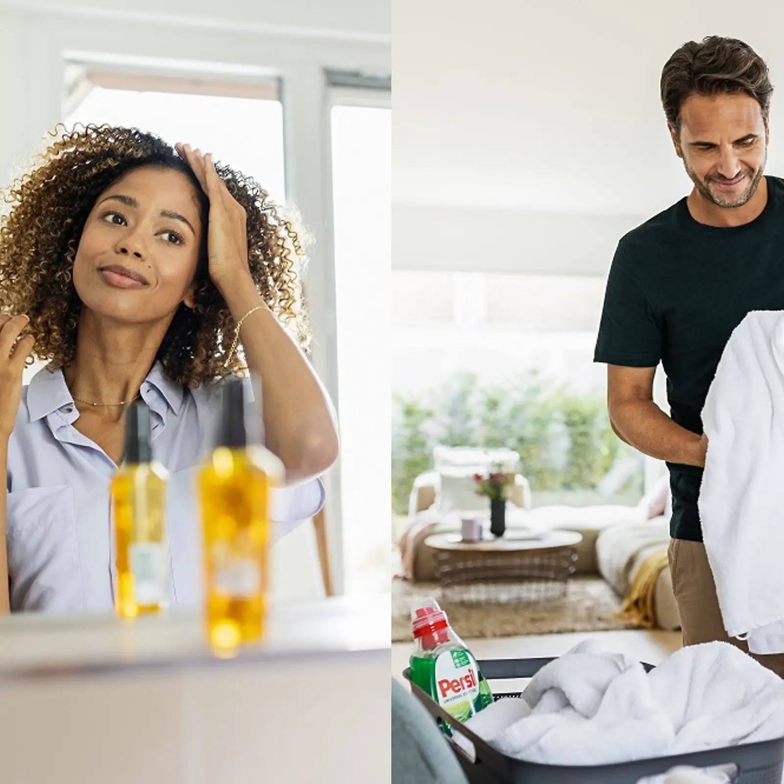Do lado esquerdo: uma mulher aplicando um produto em seus cabelos cacheados, do lado direito um homem dobrando a roupa