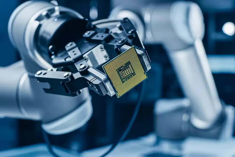 Braço robótico operando máquinas automatizadas em um ambiente de fabricação de semicondutores.