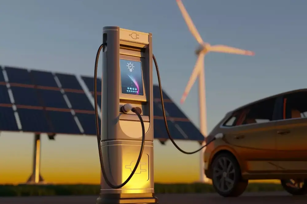 Estação de carregamento de veículos elétricos com painéis solares e turbinas eólicas ao fundo.