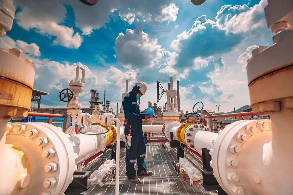Instalação industrial com grandes tubulações e trabalhadores inspecionando equipamentos ao ar livre.