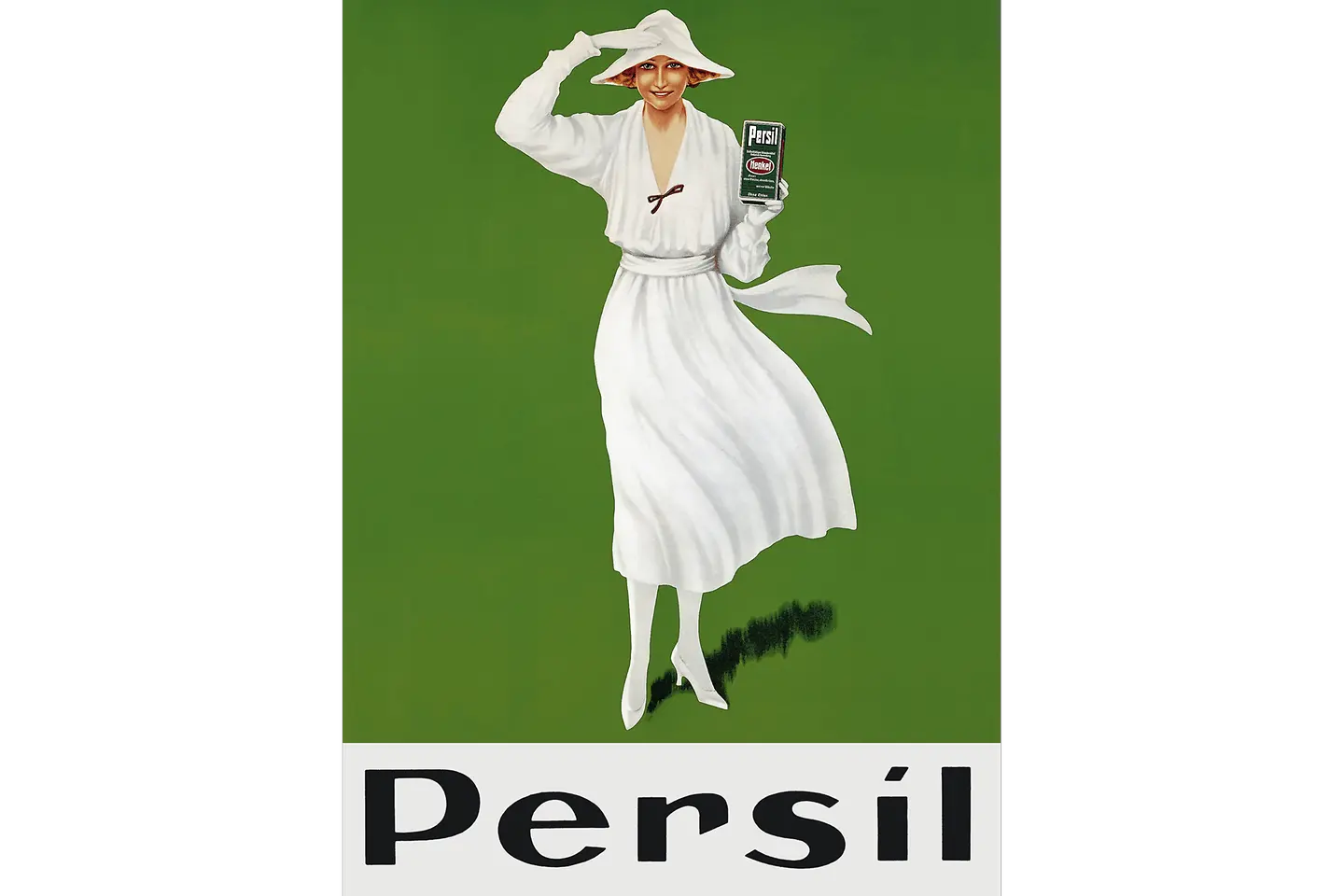 Ilustração de uma pessoa vestindo uma roupa branca esvoaçante segurando uma caixa de detergente Persil, contra um fundo verde com o nome Persil em letras grandes na parte inferior.