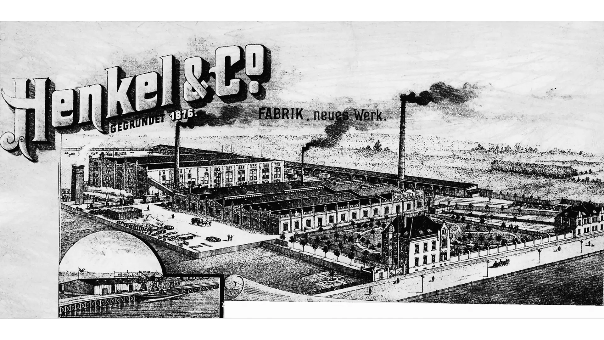 Papel timbrado da Henkel com uma foto da fábrica em Holthausen e uma parte do porto de Reisholz no canto inferior esquerdo.