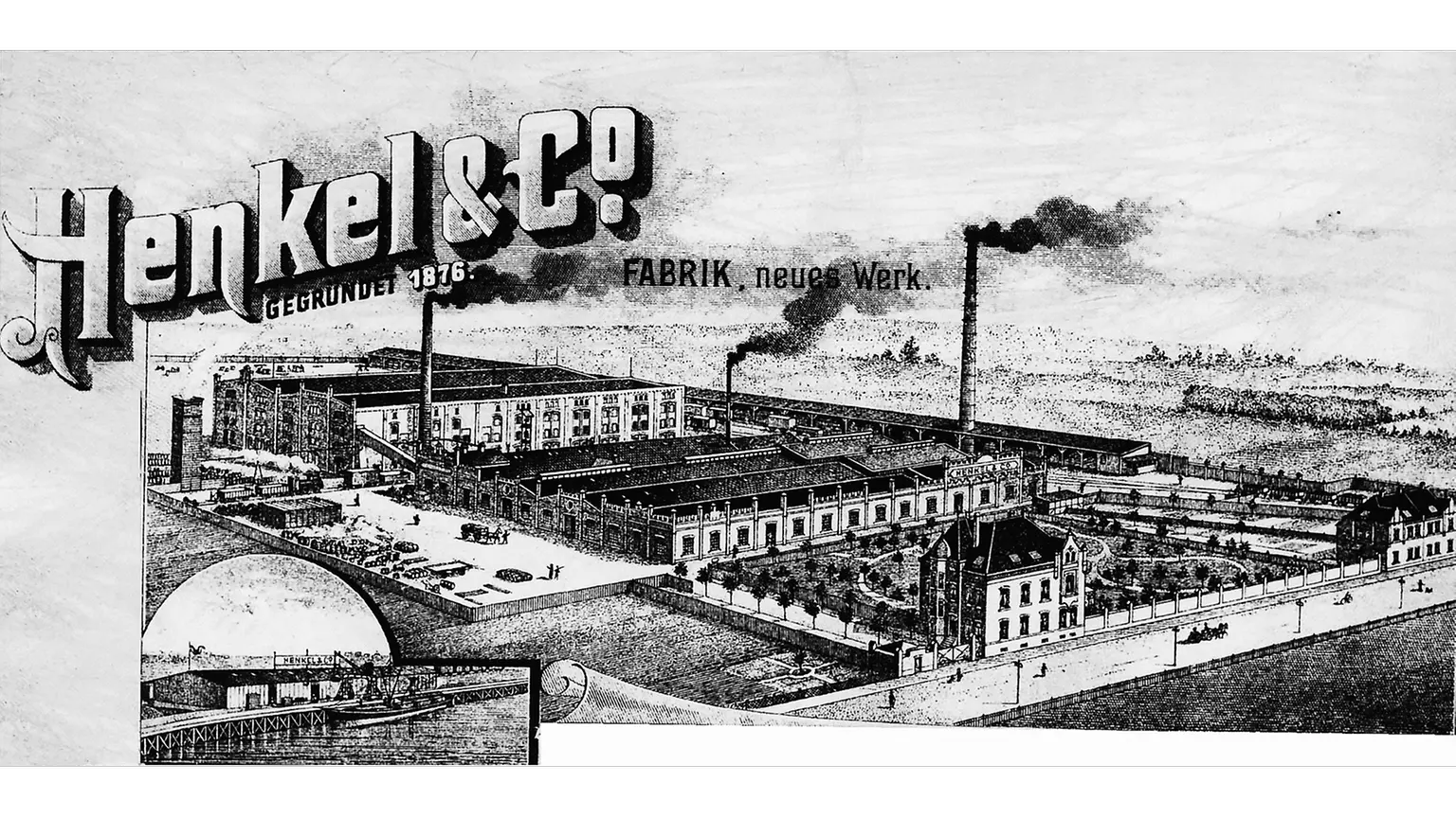 Papel timbrado da Henkel com uma foto da fábrica em Holthausen e uma parte do porto de Reisholz no canto inferior esquerdo.