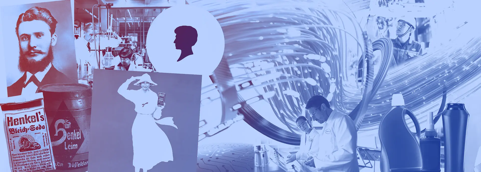 Colagem de produtos vintage da Henkel, garrafas de detergente, funcionários de laboratório e anúncios históricos em tons de azul.
