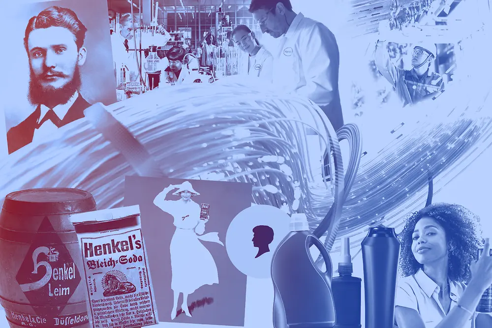 Colagem de produtos vintage da Henkel, garrafas de detergente, funcionários de laboratório e anúncios históricos em tons de azul.”