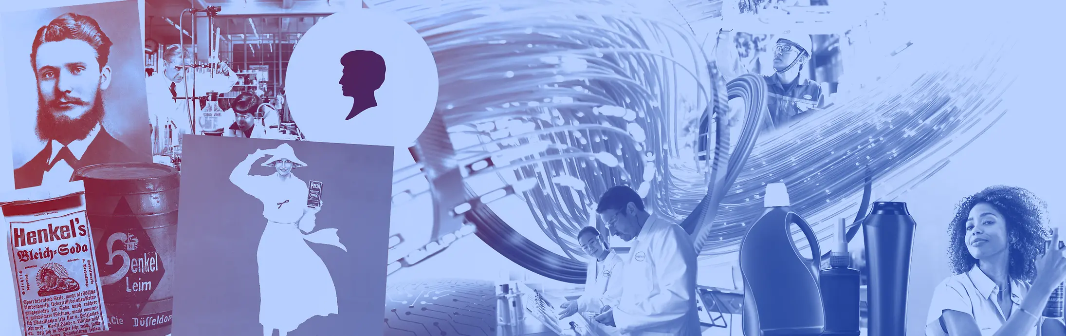 Colagem de produtos vintage da Henkel, garrafas de detergente, funcionários de laboratório e anúncios históricos em tons de azul.