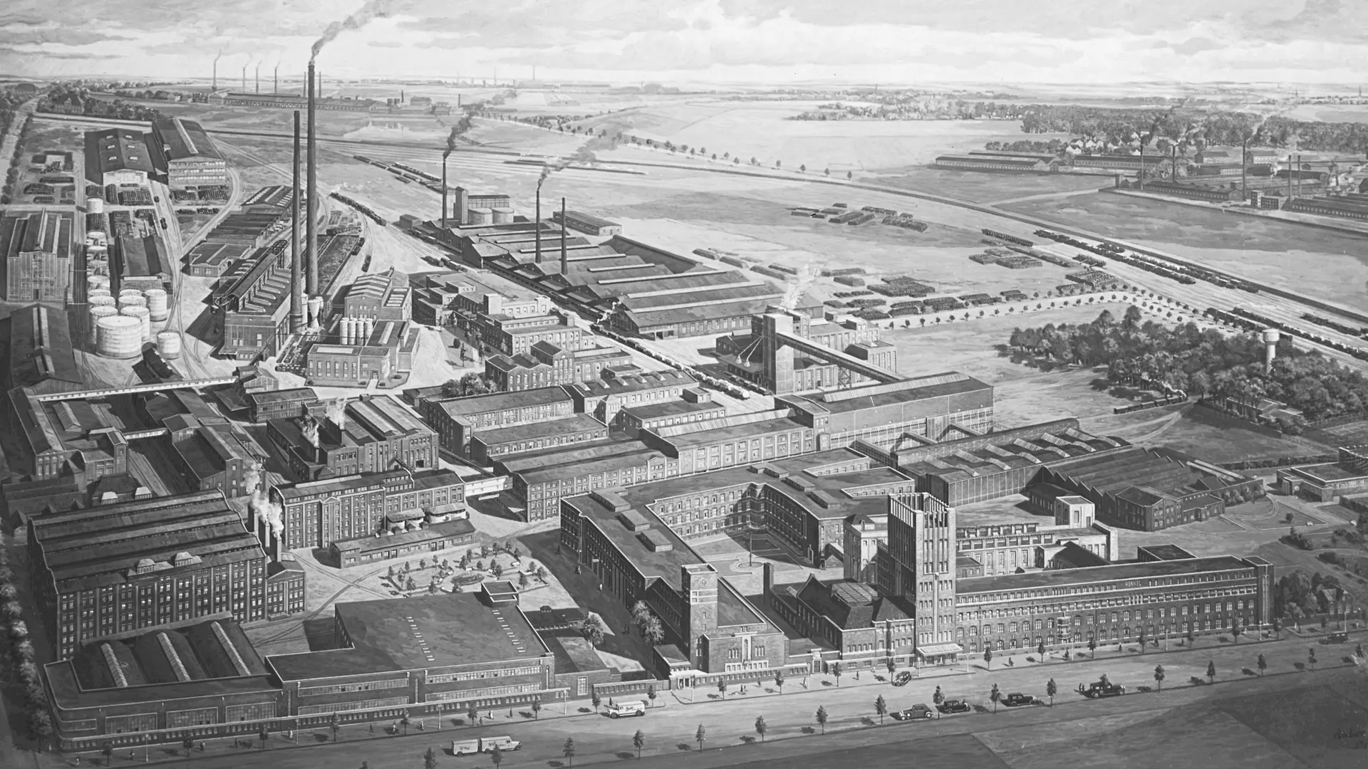 Vista externa desenhada do site da Henkel em Düsseldorf-Holthausen.