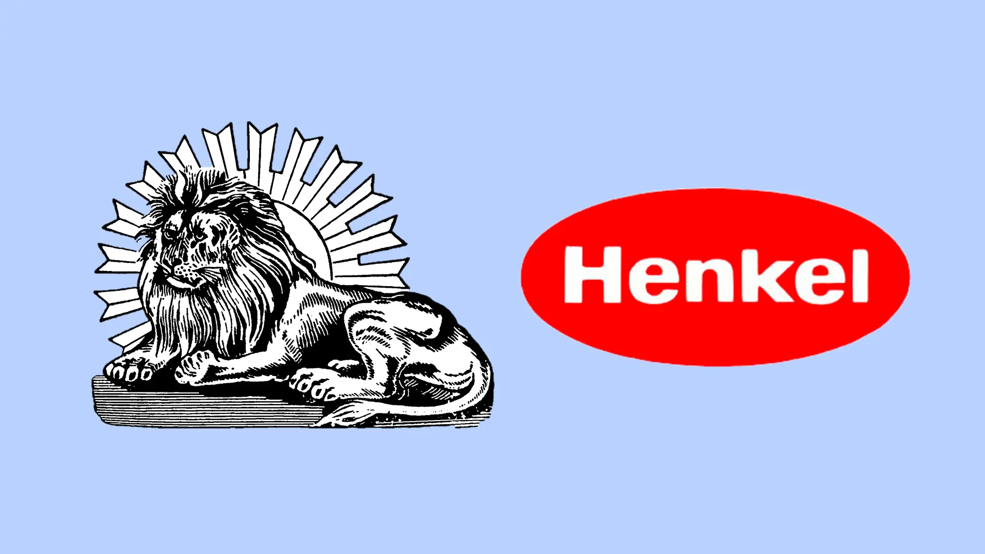 Uma colagem mostra os dois logotipos conhecidos: o histórico leão da Henkel é retratado ao lado do oval da Henkel (à direita).
