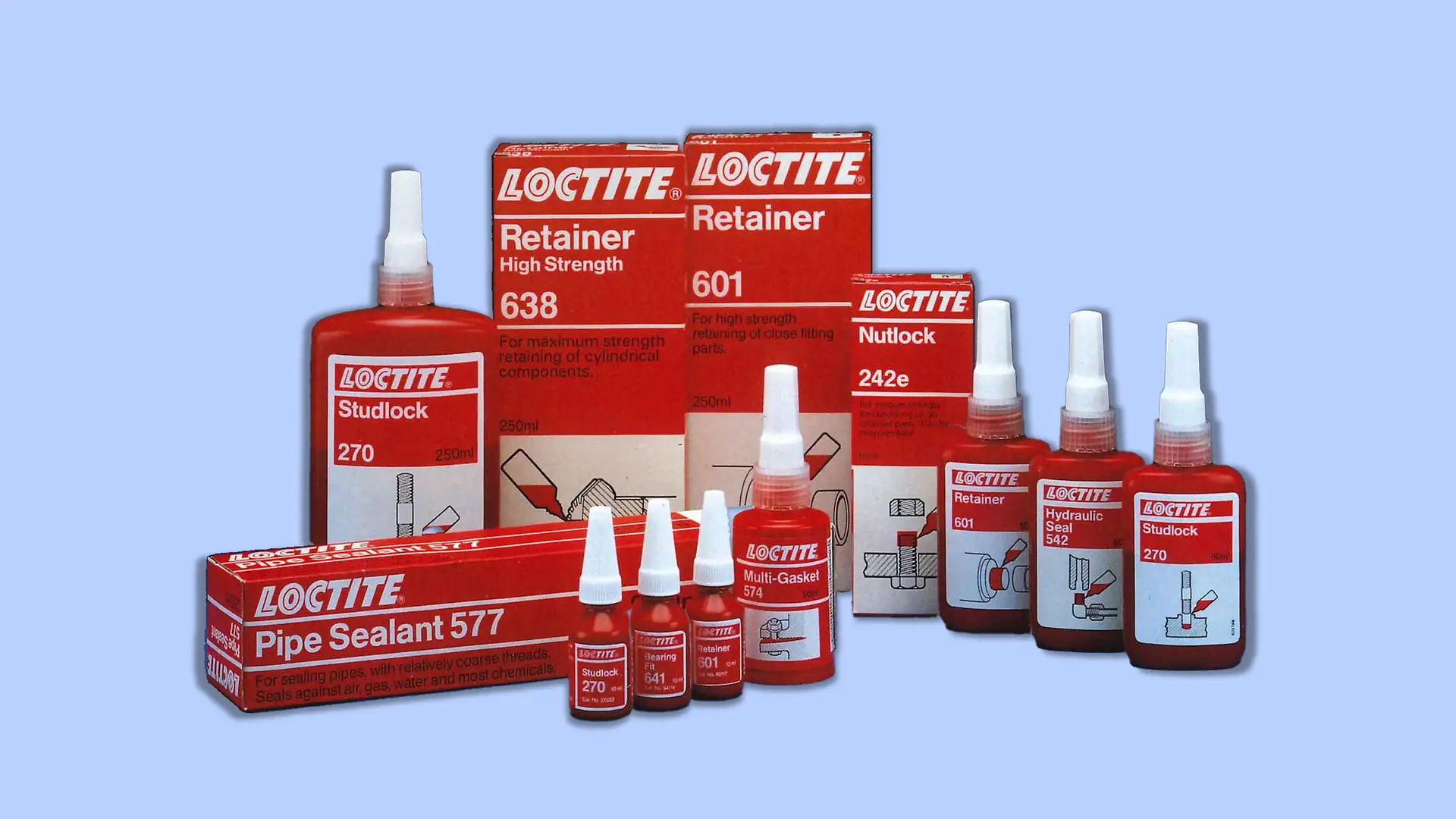 O portfólio da Loctite nos anos 1990: diversos produtos para aplicações industriais.