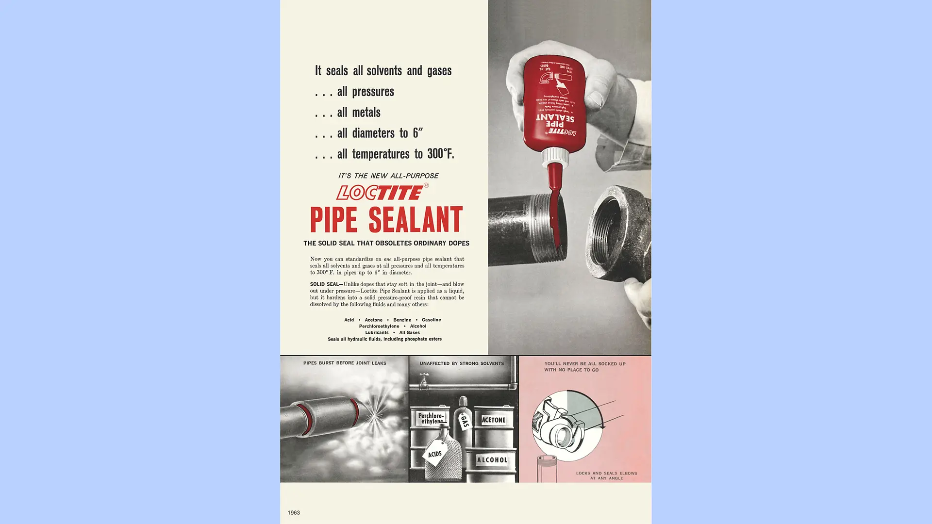 Um pôster publicitário em inglês de Loctite Pipe Sealant demonstra a aplicação do produto.