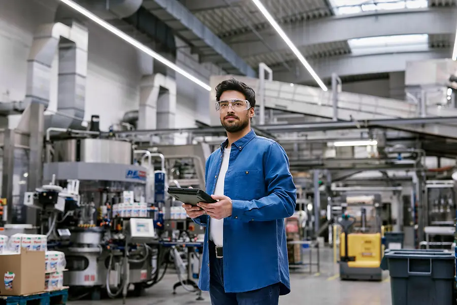 Homem de pé em uma unidade de produção moderna, segurando um tablet e usando óculos de proteção, representando a inovação e a digitalização na produção da Henkel.