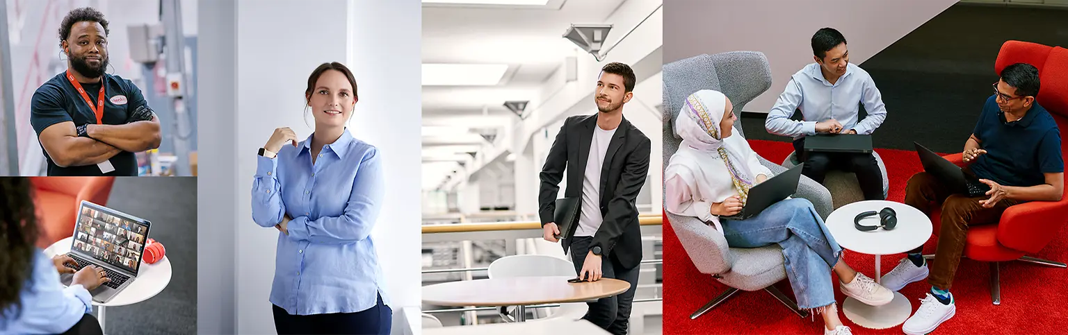 Colagem de pessoas diversas, homens e mulheres, em diferentes contextos, incluindo retratos, pessoas trabalhando em mesas de escritório e equipes em colaboração.