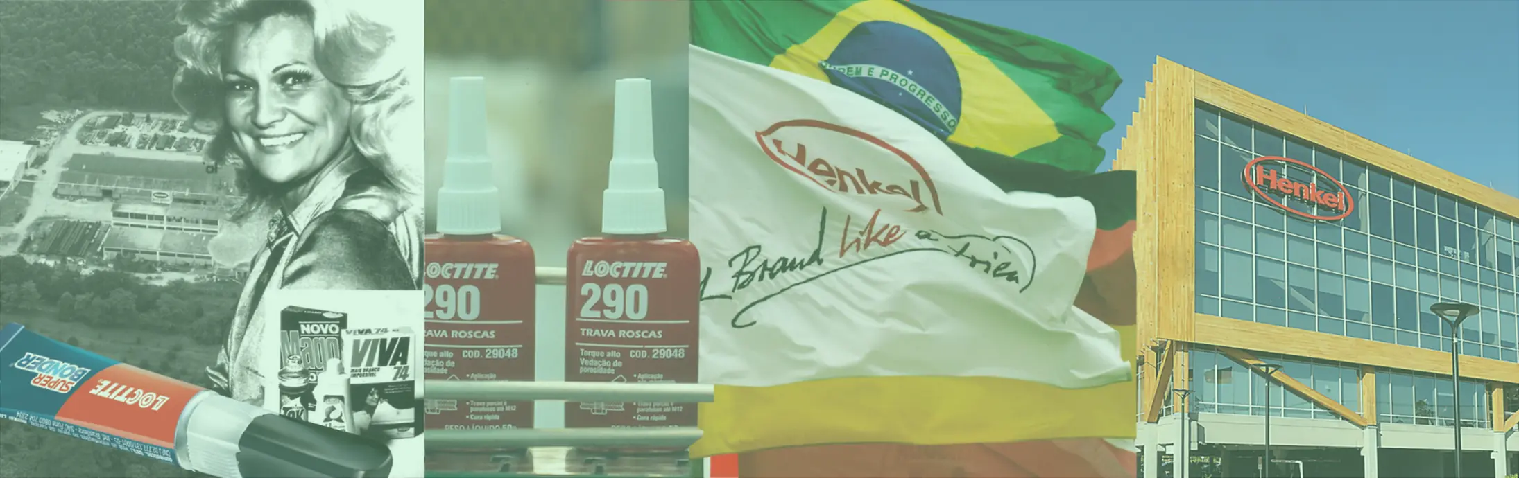 Bandeira branca com o logotipo da Henkel e o slogan ‘A Brand Like a Friend’, de 1955; Imagm aérea da primeira fábrica da Henkel no Brasil, em Jacareí; Nova sede da Henkel no Brasil, localizada em Jundiaí.