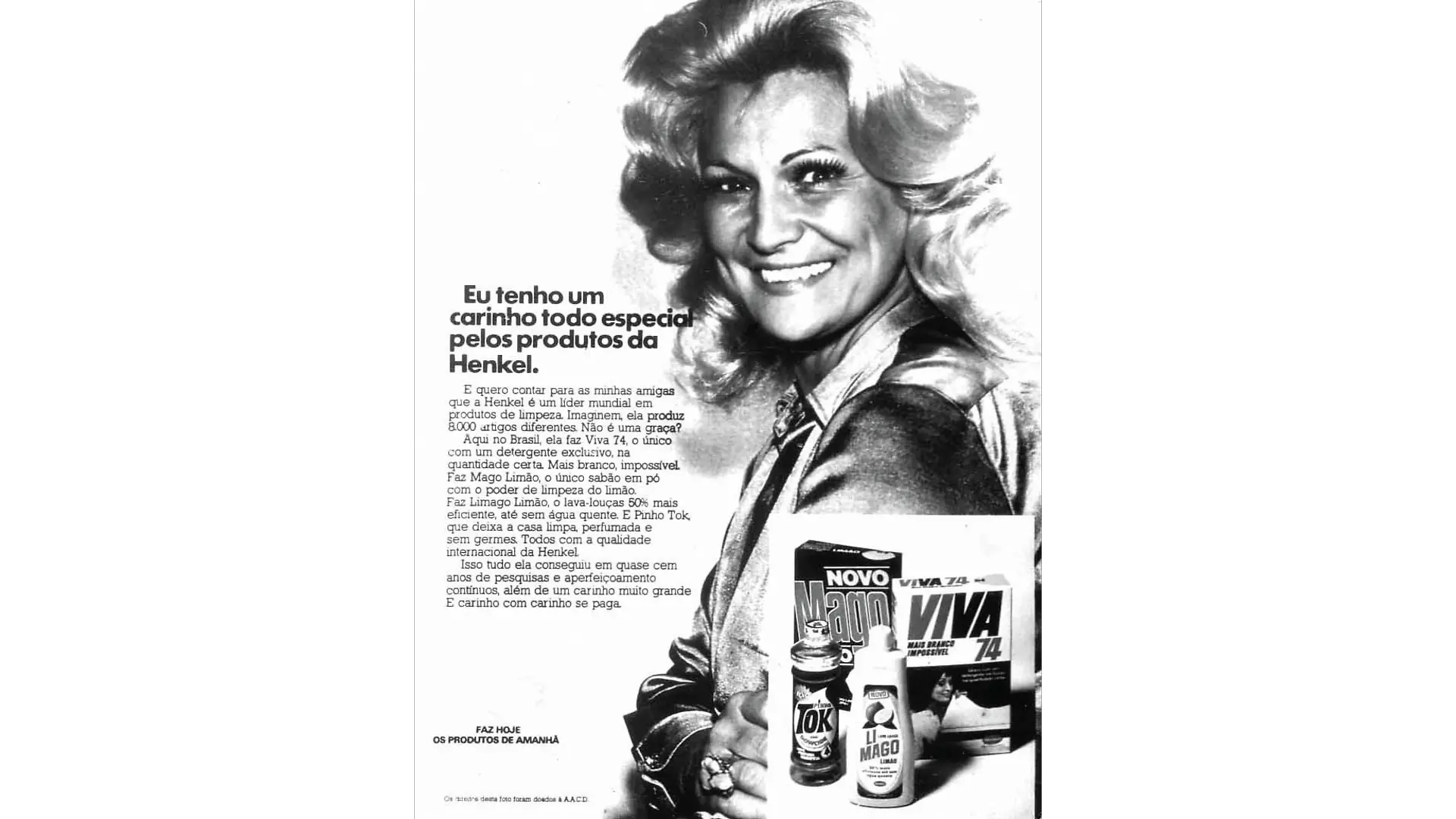 Anúncio vintage da Henkel apresentando os produtos de limpeza Mago Limão, Viva 74 e Pinho Tok, com texto promocional destacando a liderança da Henkel em soluções para limpeza doméstica.