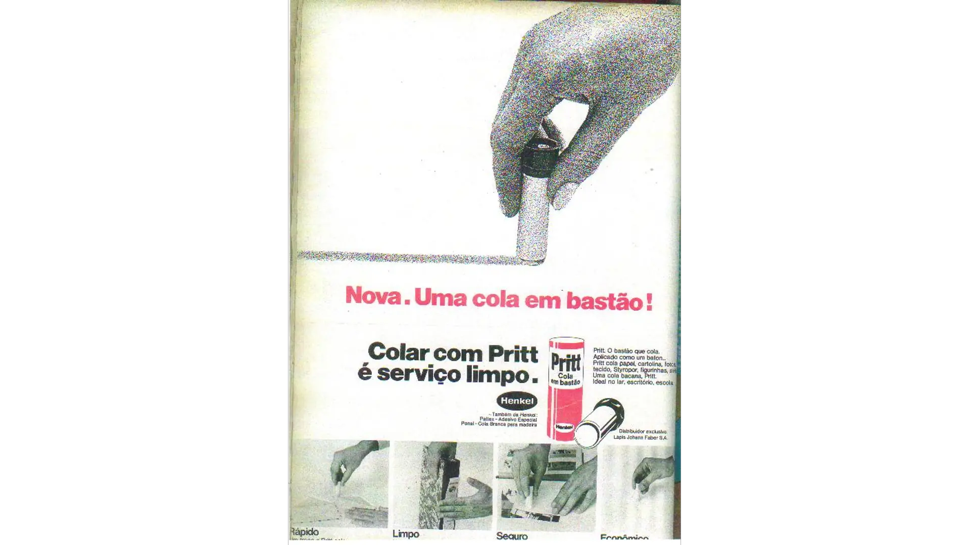 Anúncio publicitário cola Pritt em bastão, destacando o slogan 'Colar com Pritt é serviço limpo'.