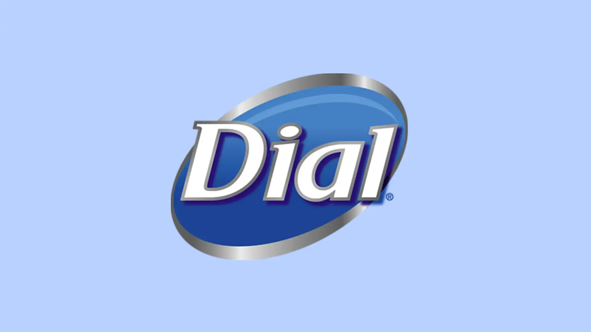 O logotipo azul, branco e prateado da Dial sobre um fundo azul-claro.