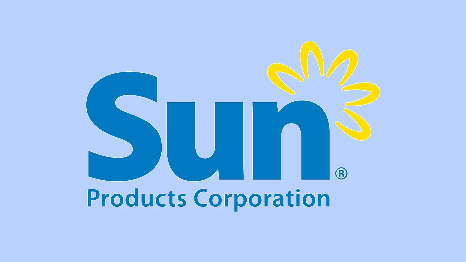 O logotipo da Sun Products Corporation sobre um fundo azul.