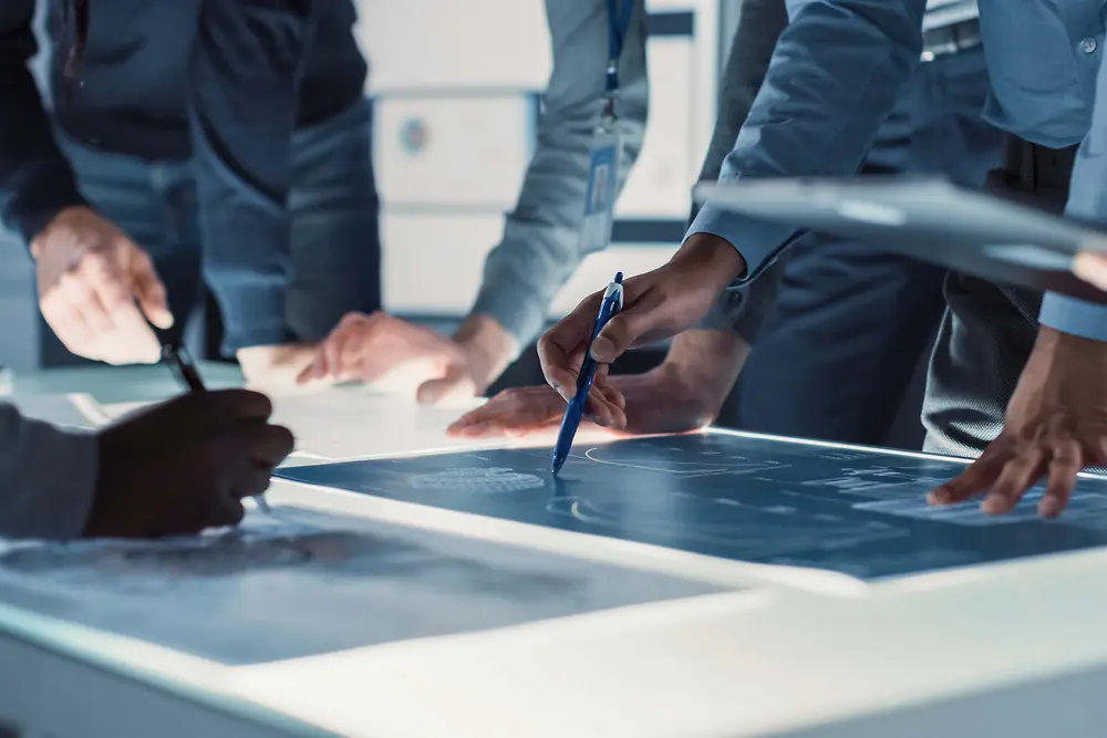 Vista aproximada de várias pessoas reunidas em torno de uma grande mesa iluminada, analisando e fazendo marcações em plantas técnicas com canetas e dispositivos digitais.
